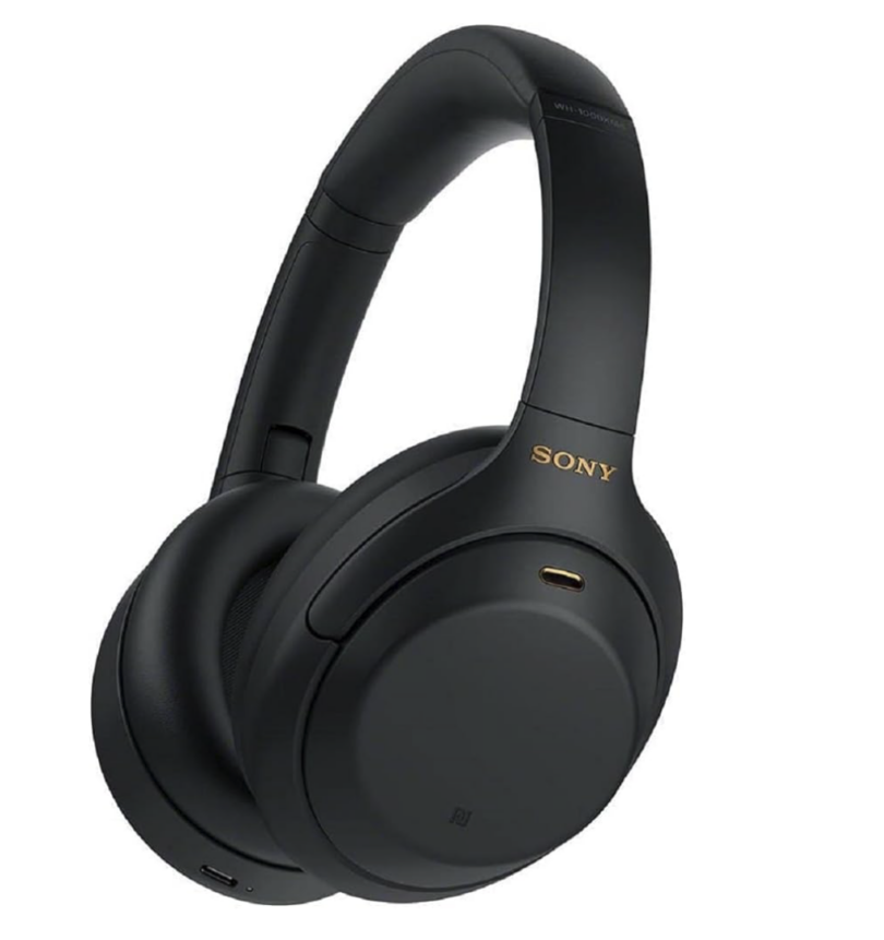 a black headphones with gold text